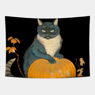 Japanese Cat on a Halloween Pumpkin During the Halloween Season on a dark (knocked out) background Tapestry