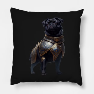 Mighty Black Pug in Heavy Mythical Armor Pillow