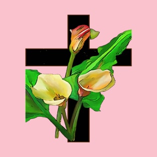 Three Calla Lilies And Christian Cross Art T-Shirt