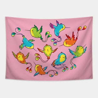 Elemental Magical Fantasy Colorful Hummingbirds Flying, Kawaii Cute Tapestry