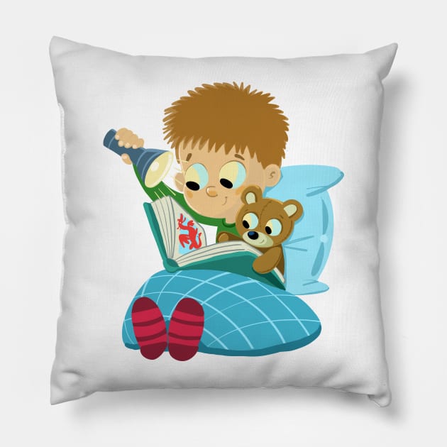 bedtime boy is reading a book with a teddy bear Pillow by duxpavlic