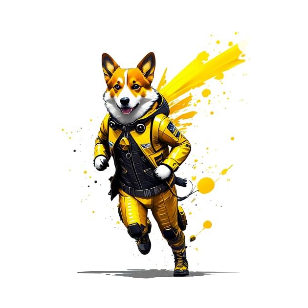 Speedy Corgi Racer in Bright Yellow Racing Suit by fur-niche