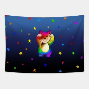 Cute rainbow lucky cat with stars Tapestry