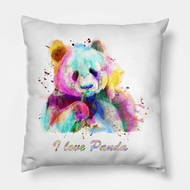 panda Watercolor rainbow portrait Pillow by Catmaleon Design