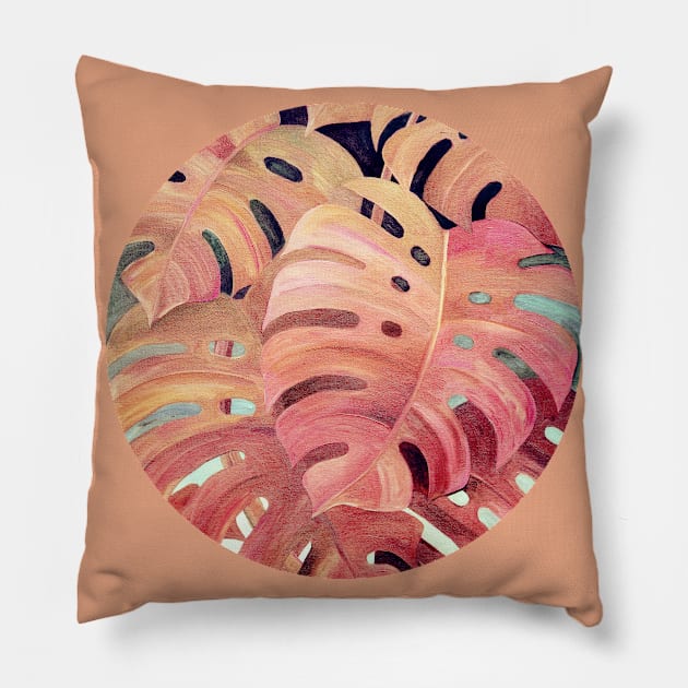 Monstera Love in Magenta and Coral - oil painting Pillow by micklyn