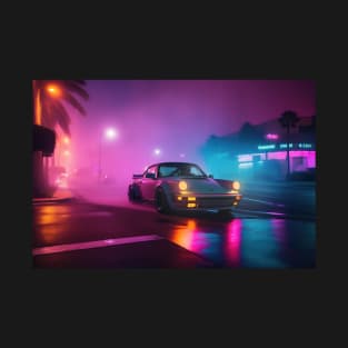 Illustration of an 80s Synthwave Neon cyberpunk supercar T-Shirt