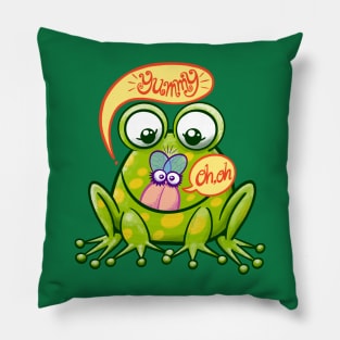 Mischievous green frog hunting a worried housefly in cute scene Pillow