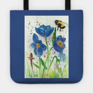 Bumble bee and blue flowers Tote