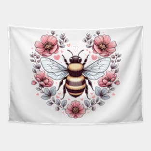 A buzzing bee surrounded by heart-shaped flowers, Bee My Valentine Tapestry