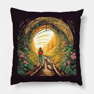 Tunnel of Love, Ukraine cartoon illustration. Man walking with dog on sunset Pillow