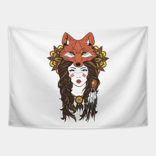 girl and fox colored design Tapestry