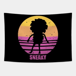 Bigfoot silhouette sneaky sasquatch for camper person love outdoors camping in retro design distressed sunset Tapestry