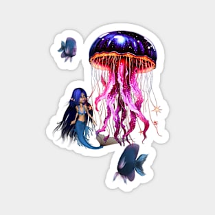 Cute mermaid looks at the beautiful jellyfish. Magnet