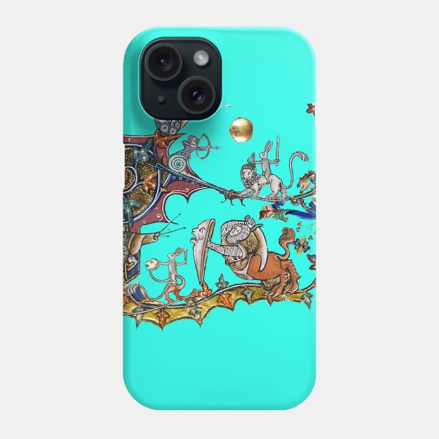 WEIRD MEDIEVAL BESTIARY WAR Between Snails and Killer Rabbits ,Lion,Centaur Knight in Blue Turquoise Phone Case by BulganLumini