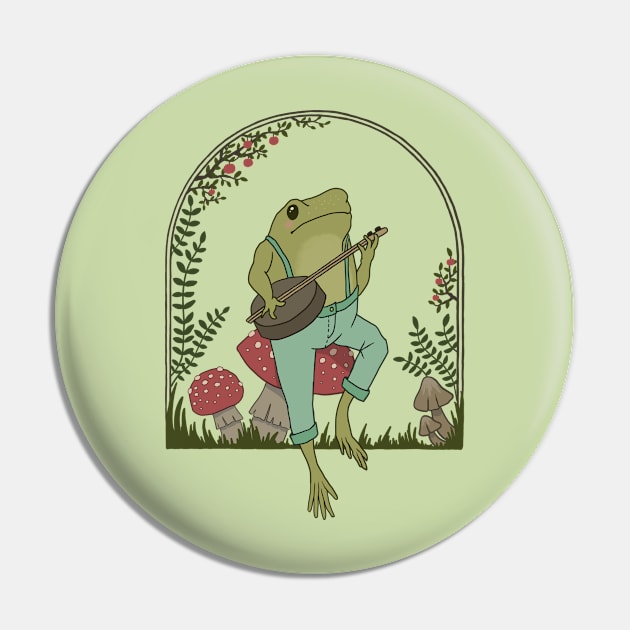 Cottagecore Aesthetic, Cute Frog Playing Banjo on Mushroom, Goblincore Mushroom Lover Pin by Ministry Of Frogs