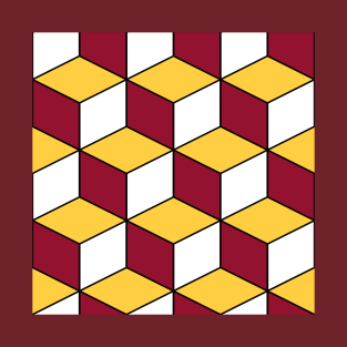 Burgundy and Gold Isometric Cubes Optical Illusion Pattern T-Shirt