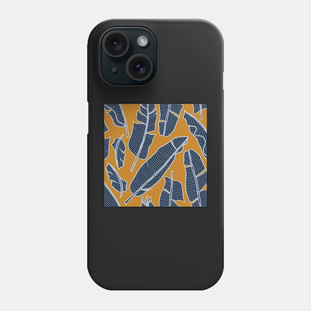 Banana leaves navy on ochre Phone Case by kobyakov