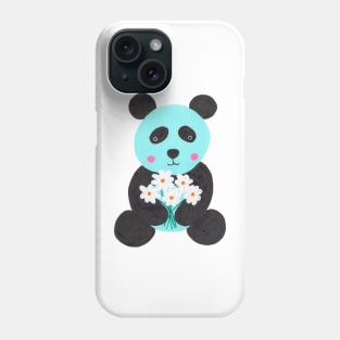 Blue panda holding flowers gouache painting Phone Case