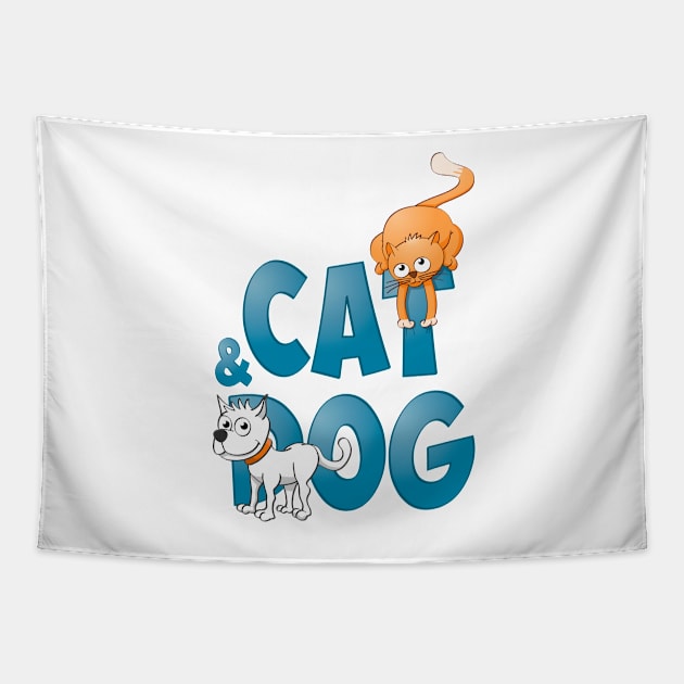 Funny Cat and dog illustration. Tapestry by Stefs-Red-Shop