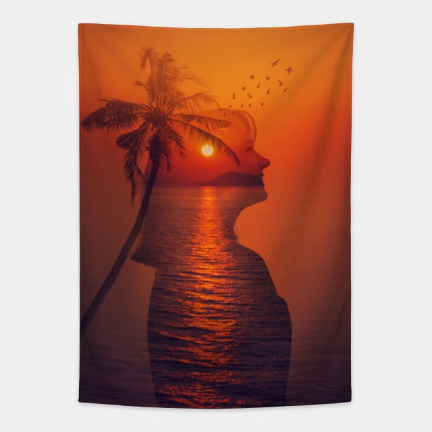 sea sunset double exposure Tapestry by 1STunningArt