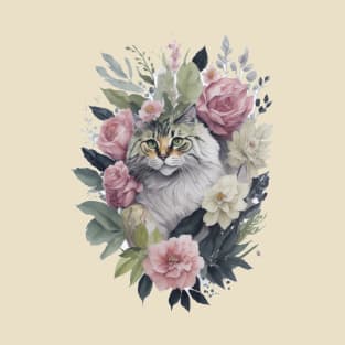 Fluffy Cat around Flowers: Scattered Watercolor in Pastel Colors T-Shirt