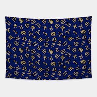 Astrology Symbols Pattern Gold+Dk Blue Tapestry