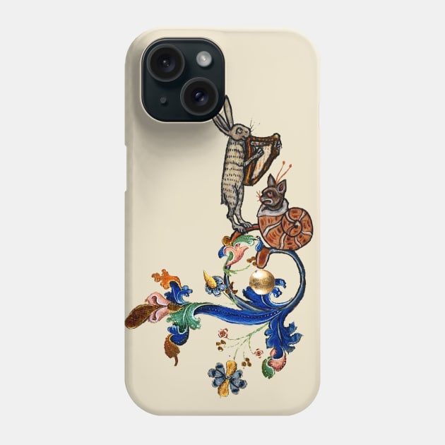 WEIRD MEDIEVAL BESTIARY MAKING MUSIC Harp Playing Hare,Snail Cat Phone Case by BulganLumini