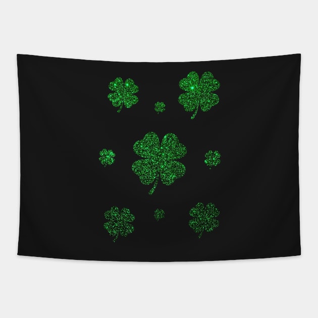 St Patricks Day, Deep Green 4 Leaf Faux Glitter Clovers Tapestry by Felicity-K