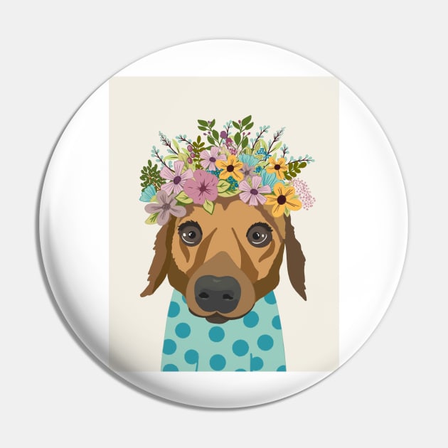 Dog in floral crown wearing a polka dot blue jumper Pin by NattyDesigns