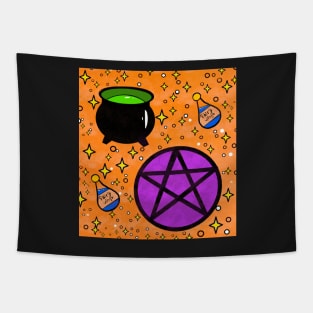 Witchcraft pattern cauldron pentagram and potion Tapestry