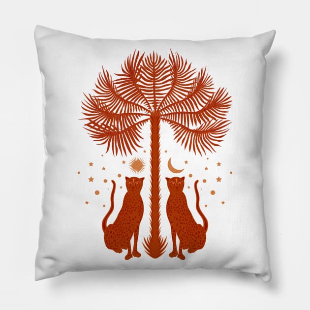 Cheetah Twins and Palm Tree in Terracotta Pillow by matise