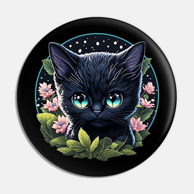 Starry Night Kitten with Big Blue Eyes and Pink Flowers Pin by The Wolf and the Butterfly