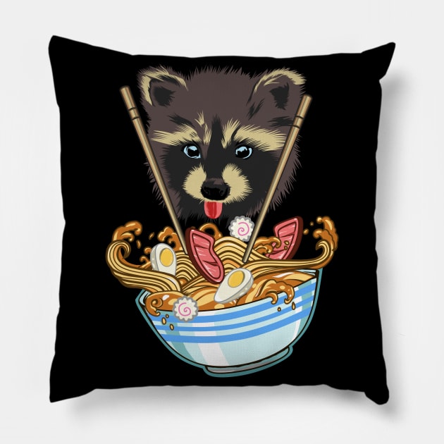 Raccoon loves noodles Pillow by pilipsjanuariusDesign