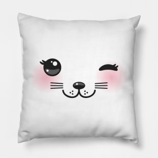 Kawaii funny cat muzzle with pink cheeks and winking eyes (2) Pillow
