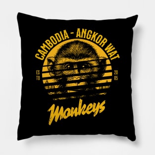 wild monkeys in Angkor Wat, Cambodia Pillow