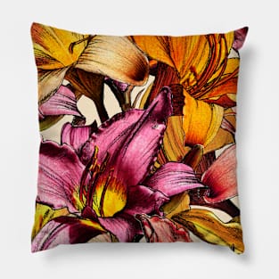 Daylily Drama - a floral illustration pattern Pillow