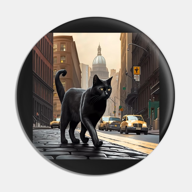 Black Cat walking down a street in the city Sticker Pin by MeatLuvers