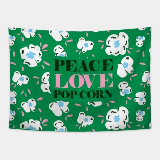 Peace Love Pop Corn Quote Art print with Bright green surface pattern background in Tapestry