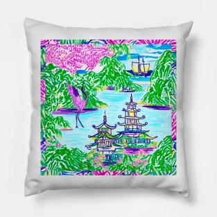 Watercolor markers chinoiserie landscape Pillow