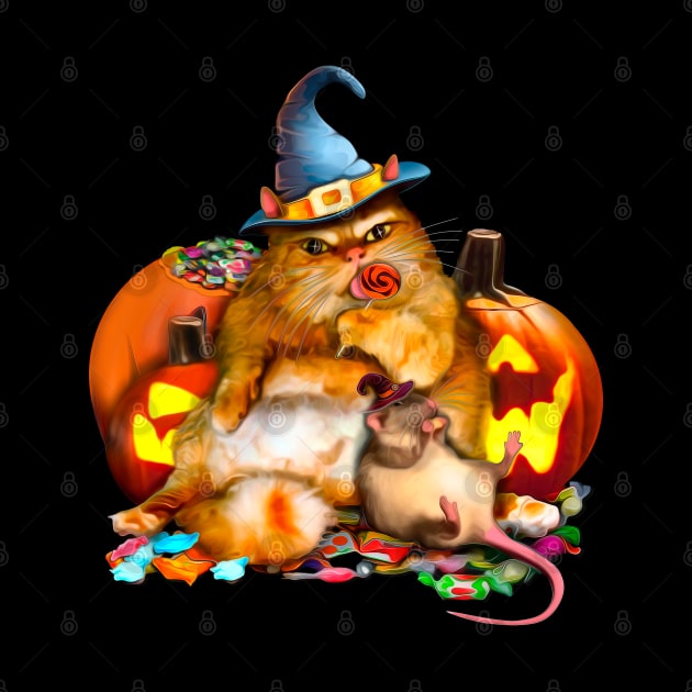 Halloween Fat Cat and Rat eat sweets No Text by SafSafStore