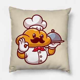 Cute Bread Chef Serving Food Cartoon Pillow