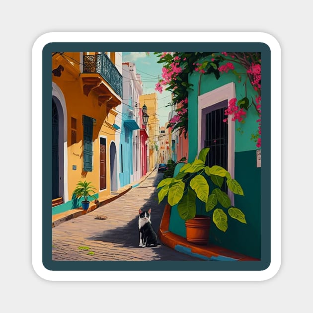 Viejo San Juan Colorful Homes, Plants and Cats Magnet by TheJadeCat