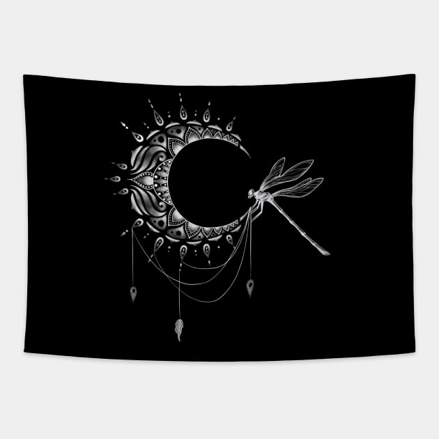 Intricate Half Crescent Moon with Dragonfly Tattoo Design Tapestry by Tred85