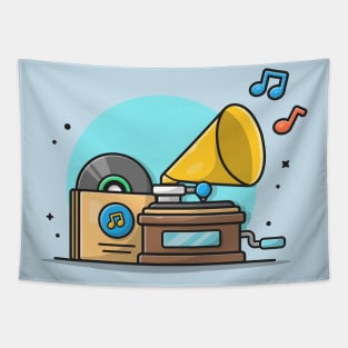 Old Music Player with Gramophone with Vinyl Cartoon Vector Icon Illustration Tapestry