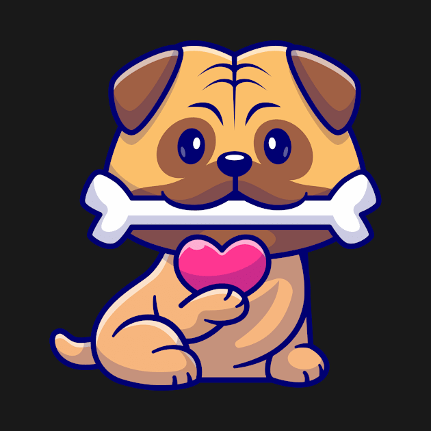 Cute Pug Dog Bite Bone And Holding Love Cartoon by Catalyst Labs