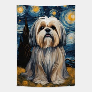 Cute Lhasa Apso Dog Breed Painting in a Van Gogh Starry Night Art Style Tapestry