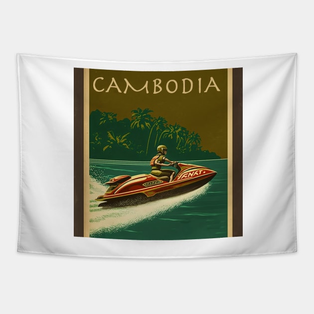 Cambodia Jet Ski Vintage Travel Art Poster Tapestry by OldTravelArt
