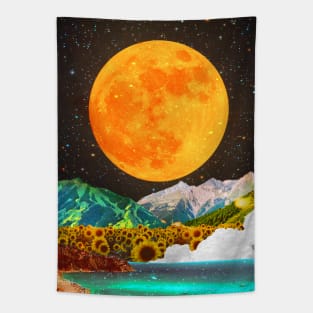 Orange Moon collage art landscape Tapestry