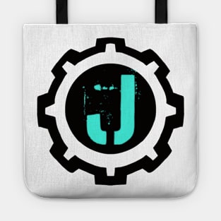 Ice Blue Letter J in a Black Industrial Cog Tote