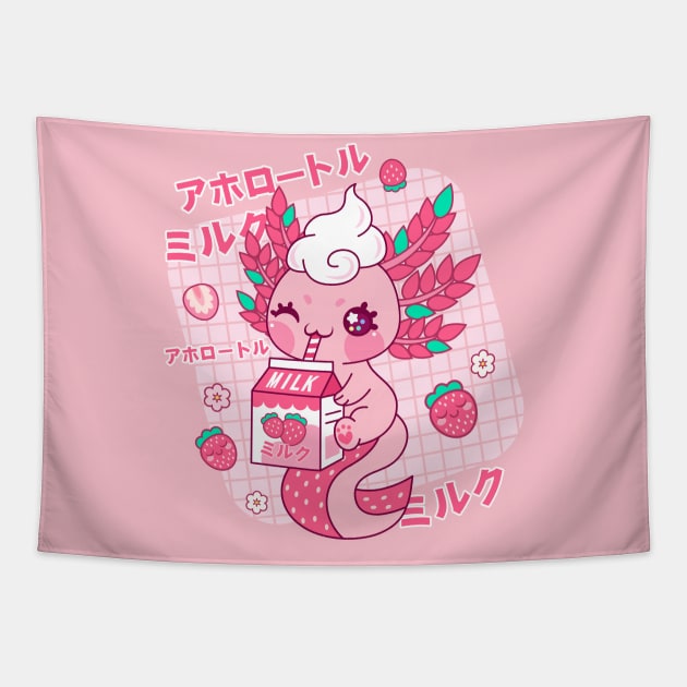 Axolotl kawaii Strawberry Milk Japanese Tapestry by HollyDuck